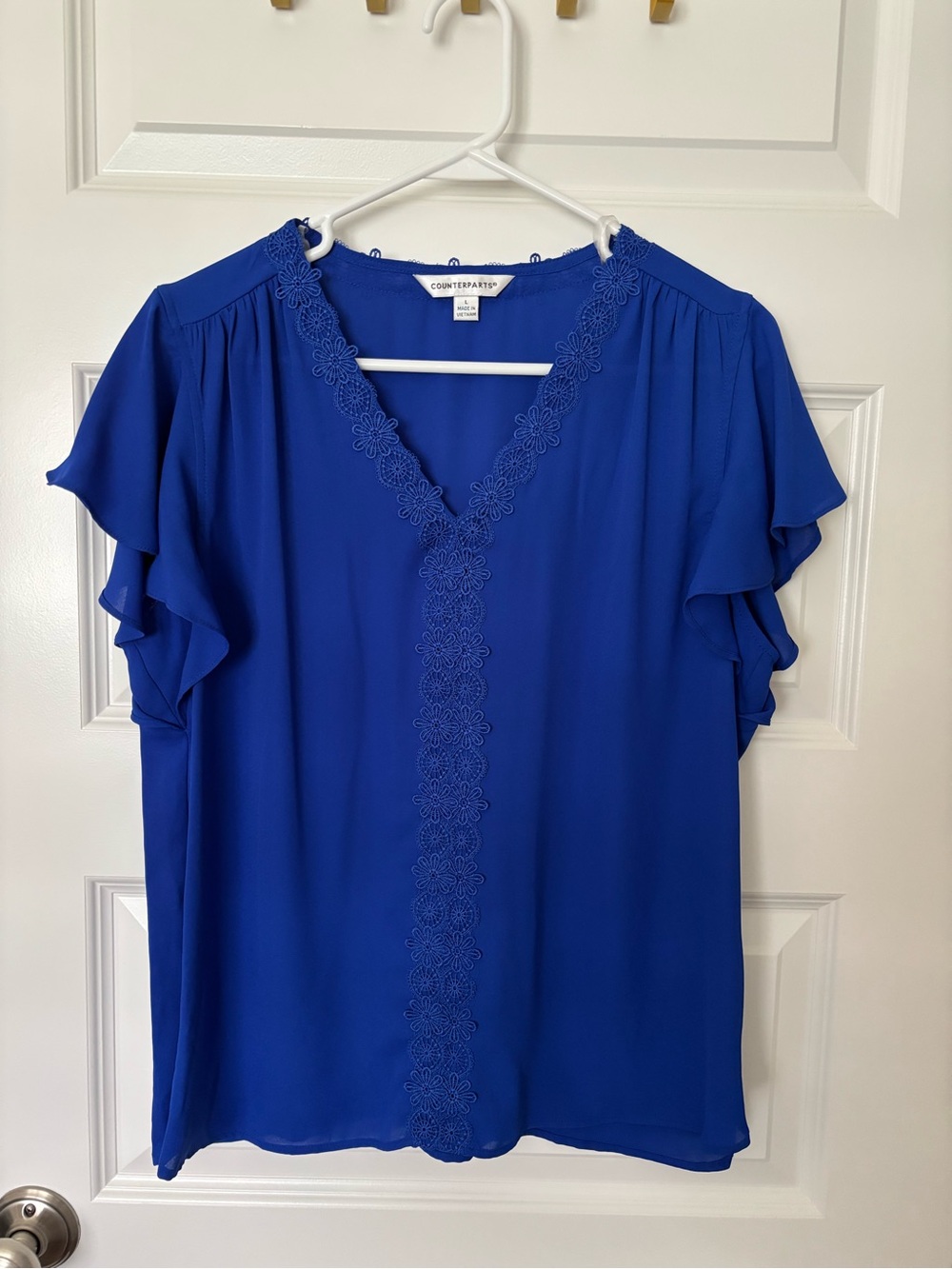 Counterparts Cobalt Blue V-Neck Flutter Sleeve Blouse with Lace Trim